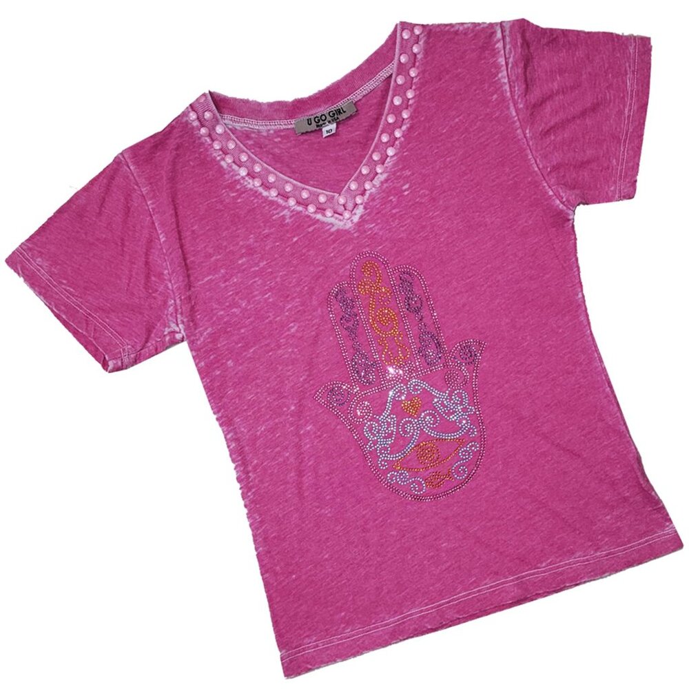 Mystic Hamsa Girl's Hot Pink V-neck Shirt